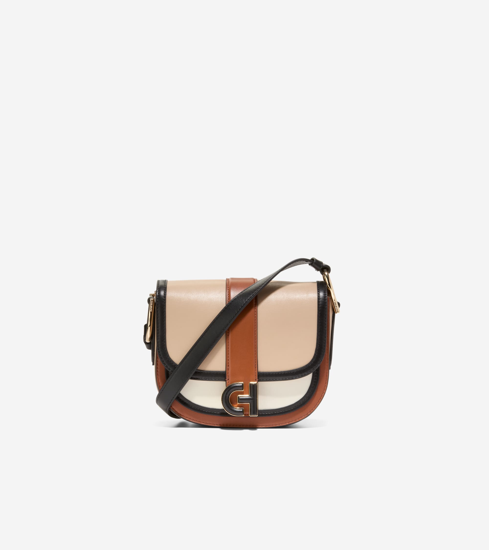 Shop Cole Haan Essential Mini Saddle Bag Mainline In British Tan-ivory-black